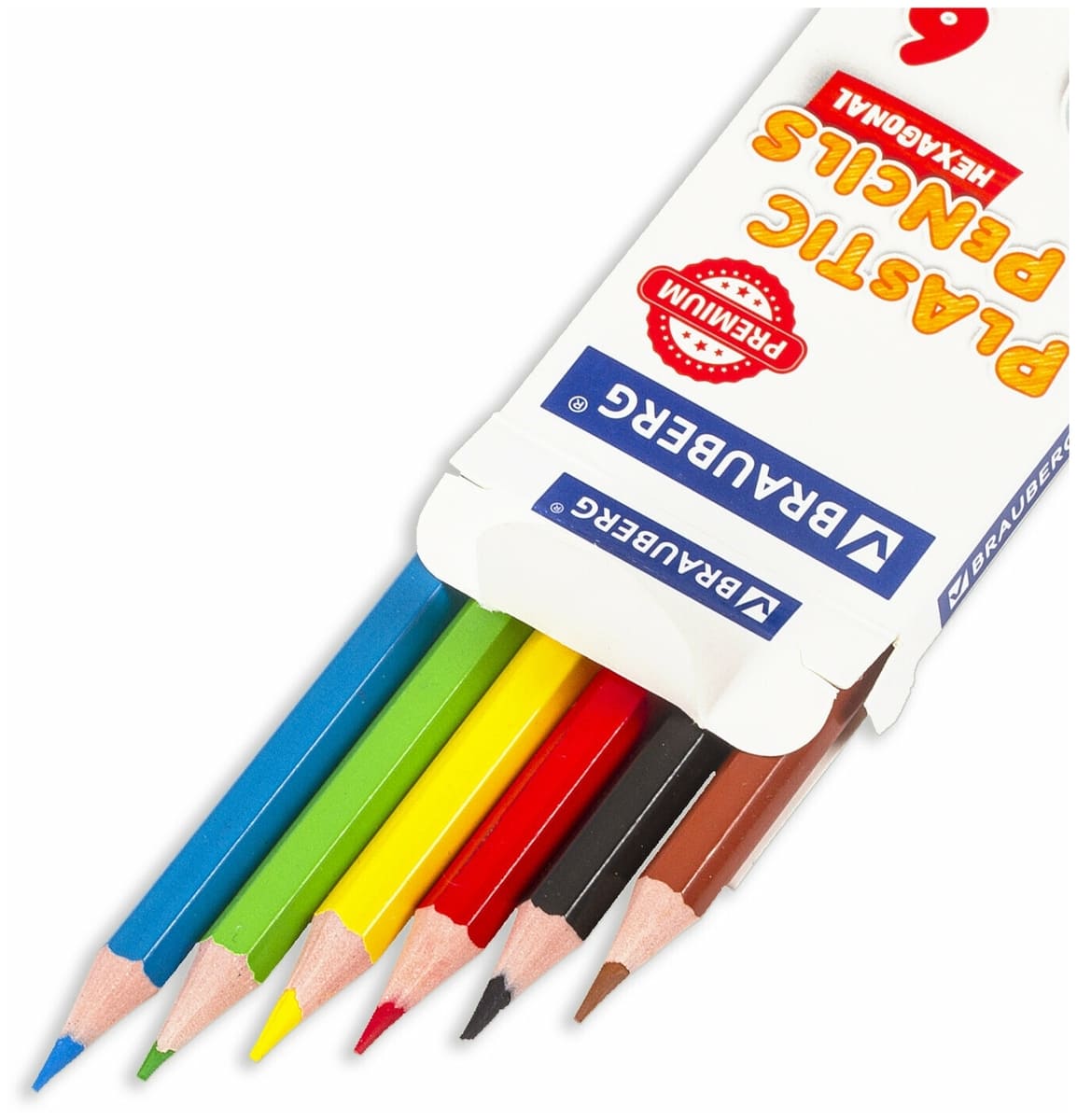 Карандаши цветные BRAUBERG PREMIUM, 6 цветов, пластик, шестигранные, грифель мягкий 3 мм, 181665