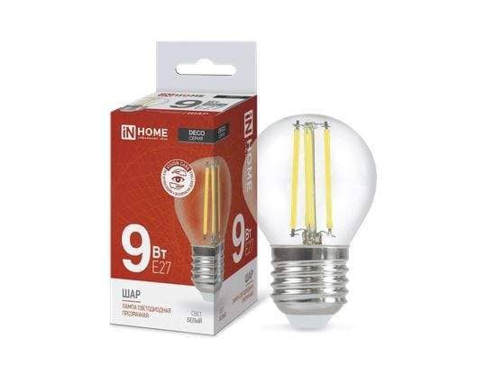 Лампа св/д ASD/InHome Deco Шар Р45 Е27 9W(810Im)4000К 78х45 филамент(нитевидная) прозр.6282