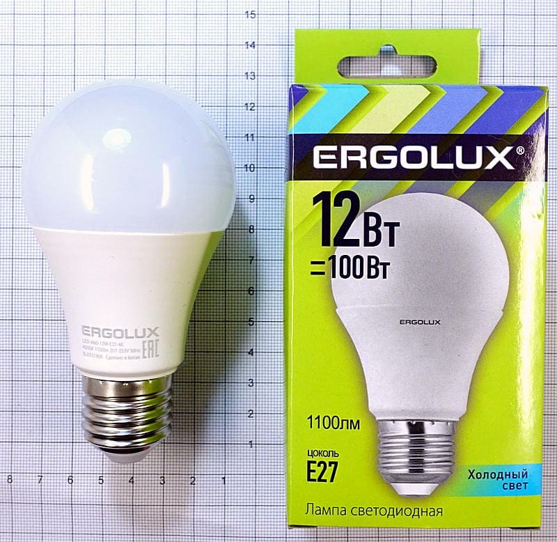 Лампа св/д Ergolux ЛОН A60 E27 12W(1155lm 270°) 4500K 4K матовая пластик/алюм. LED-A60-12W-E27-4K