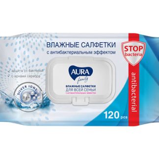 AURA FAMILY Влажные салфетки для всей семьи с антибактериальным эффектом big-pack с крышкой 120шт КК