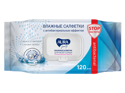 AURA FAMILY Влажные салфетки для всей семьи с антибактериальным эффектом big-pack с крышкой 120шт КК