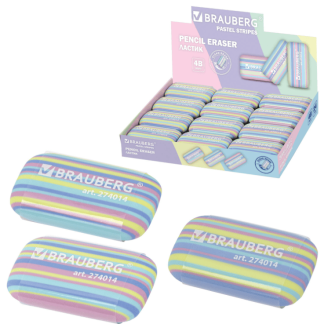 Ластик BRAUBERG "PASTEL STRIPES", 45х24х10 мм, цвета ассорти, 274014, шт
