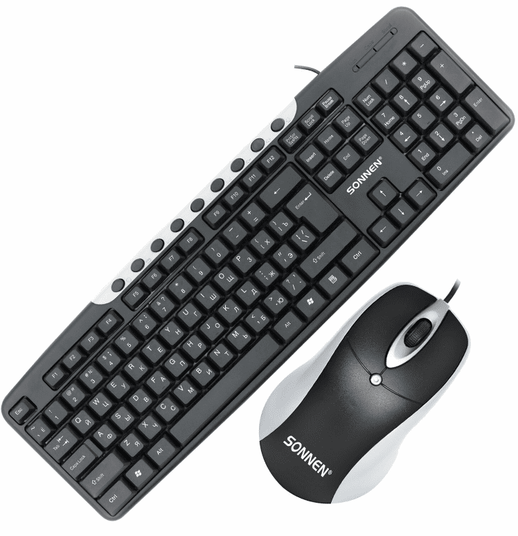 Набор проводной SONNEN KB-S110, USB, клавиатура 113 клавиш, мышь 3 кн, 1000 dpi, черн/серебр, 513854