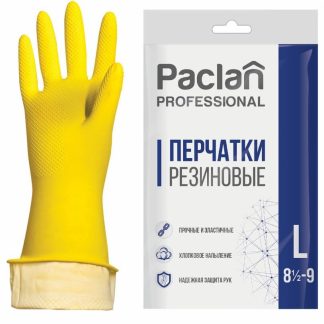 Перчатки хоз. латексные, х/б напыление, размер L (большой), желтые, PACLAN Professional, ш/к1657