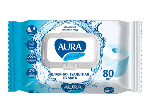 AURA ULTRA COMFORT Влажная туалетная бумага с крышкой 80шт КК/12