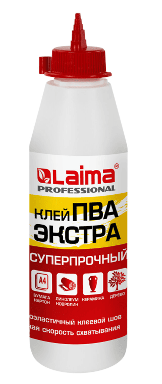 Клей ПВА Экстра Суперпрочный 0,5 кг (керамика, ткань, кожа, дерево, бумага, картон), LAIMA, 606430