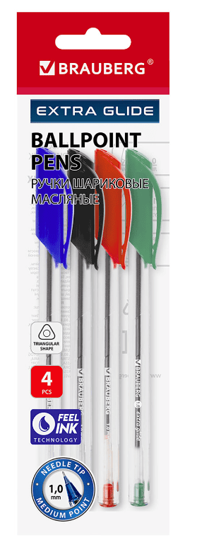 Ручки шариковые масляные набор 04 шт., BRAUBERG, АССОРТИ, Extra Glide, 1мм, линия 0,5мм, 142138