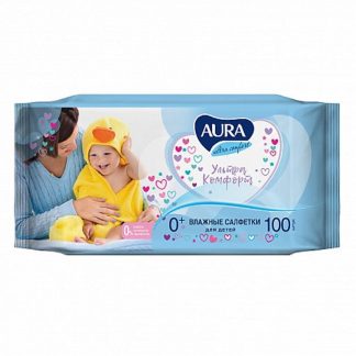 Салфетки влажные КОМПЛЕКТ 100шт, для детей AURA "Ultra comfort",универс,очищ,гипоаллерген,без спирта