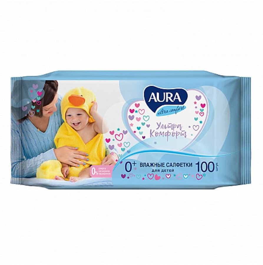 Салфетки влажные КОМПЛЕКТ 100шт, для детей AURA "Ultra comfort",универс,очищ,гипоаллерген,без спирта